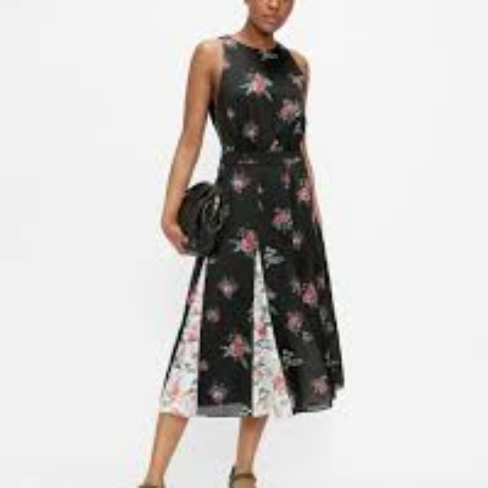 Ted Baker Black Floral A-Line Midi Dress with Pink & Green Accents